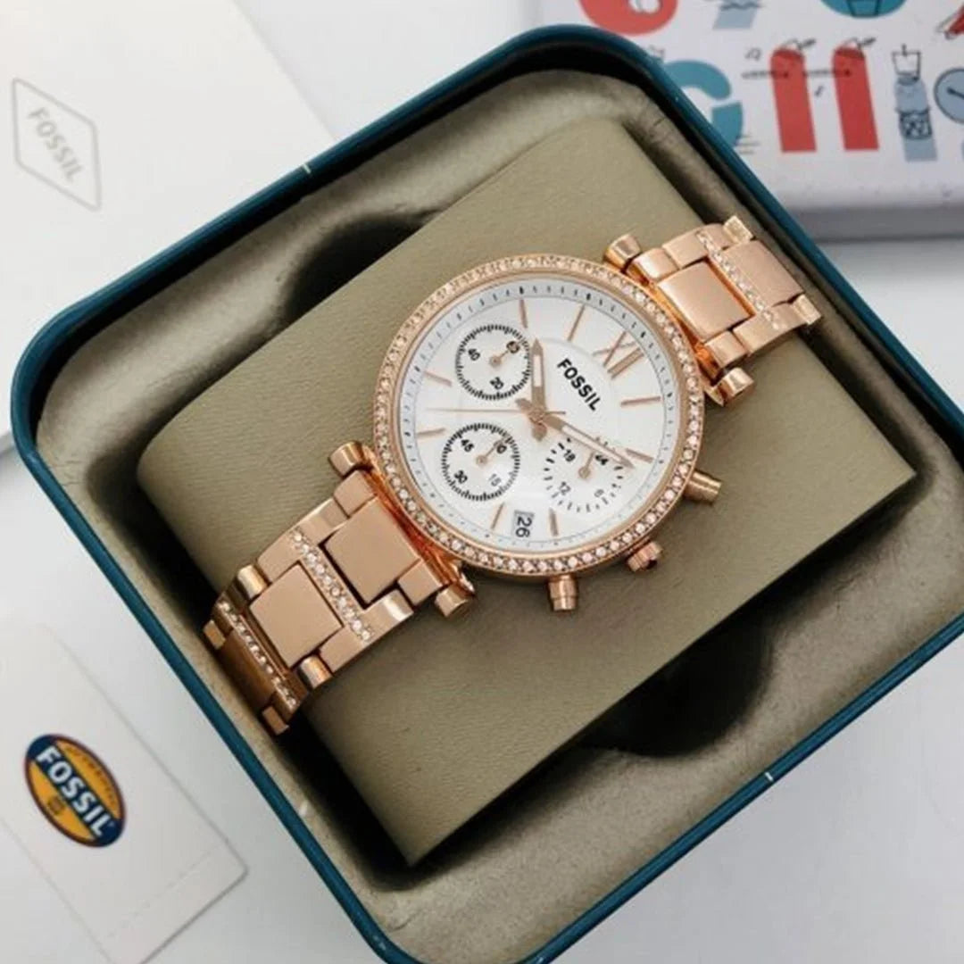 Fos_sil Chrono Rose Gold White Dial Ladies Watch