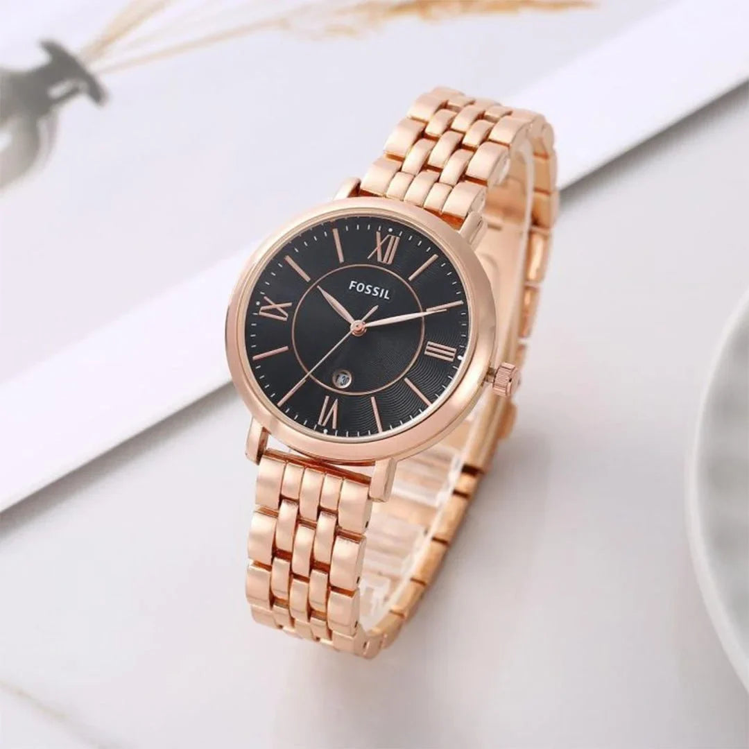 Fos_sil Chrono Rose Gold Black Dial Ladies Watch