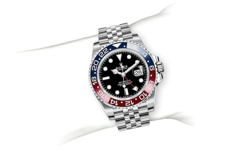 ROLE_X GMT-Master II red and blue Cerachrom bezel black dial and a Jubilee bracelet.