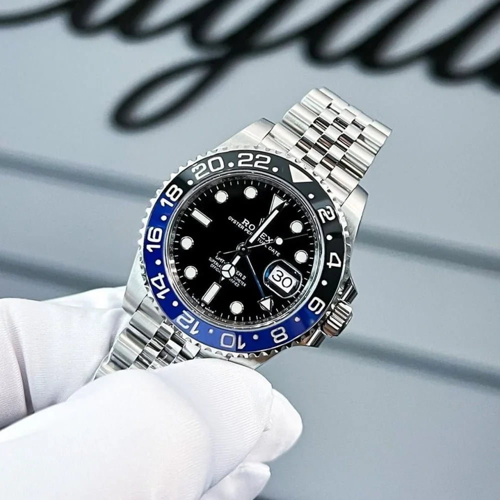 ROLE_X GMT-Master II blue and black Cerachrom bezel black dial Jubilee bracelet.