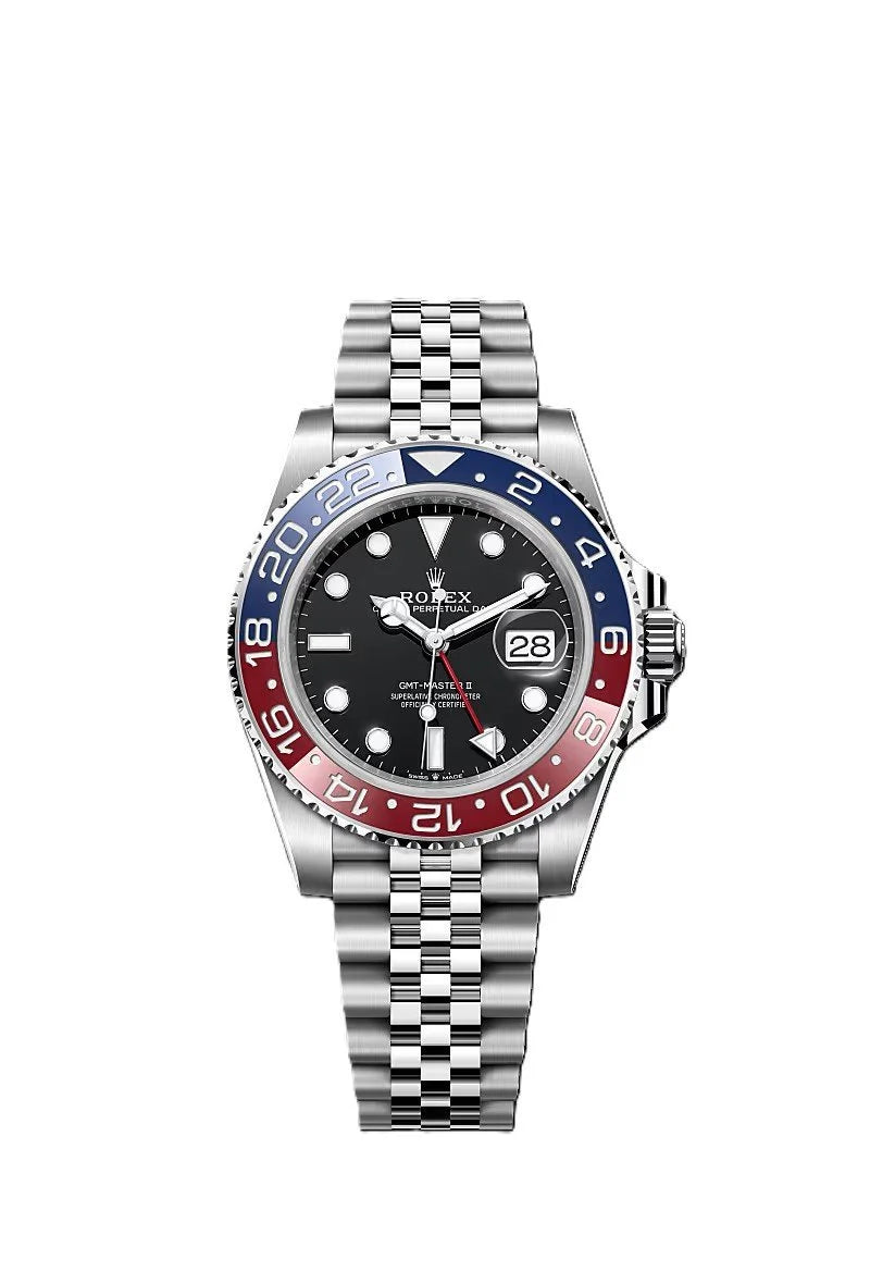 ROLE_X GMT-Master II red and blue Cerachrom bezel black dial and a Jubilee bracelet.